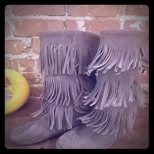 Gray Minnetonka Triple Fringe Boots
